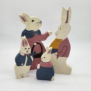 Vintage Tole Painted Bunny Family Wood Figures Dad Mom Sister Brother